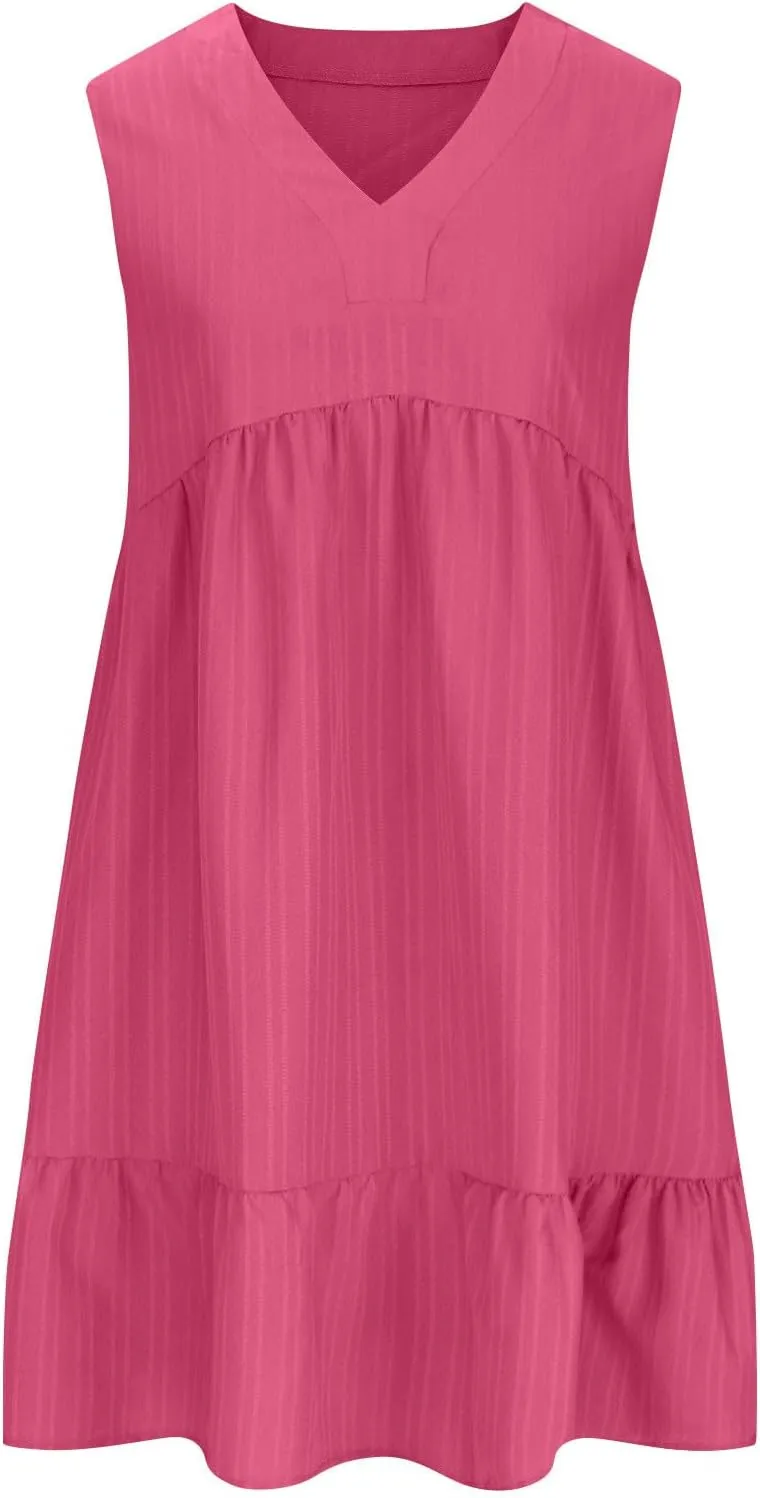 JOAU Summer Dresses for Women 2025 Casual Boho V Neck Sundresses Sleeveless Pleated Tiered Ruffle Beach Vacation Tank Dress