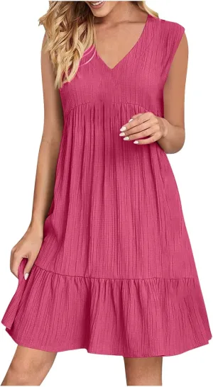 JOAU Summer Dresses for Women 2025 Casual Boho V Neck Sundresses Sleeveless Pleated Tiered Ruffle Beach Vacation Tank Dress