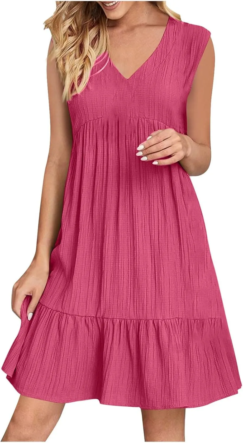 JOAU Summer Dresses for Women 2025 Casual Boho V Neck Sundresses Sleeveless Pleated Tiered Ruffle Beach Vacation Tank Dress