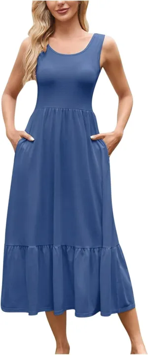 JOAU Womens Summer Casual Crew Neck A Line Mini Tank Dress Flowy Sleeveless Ruffle Hem Sundresses Beach Vacation Outfits