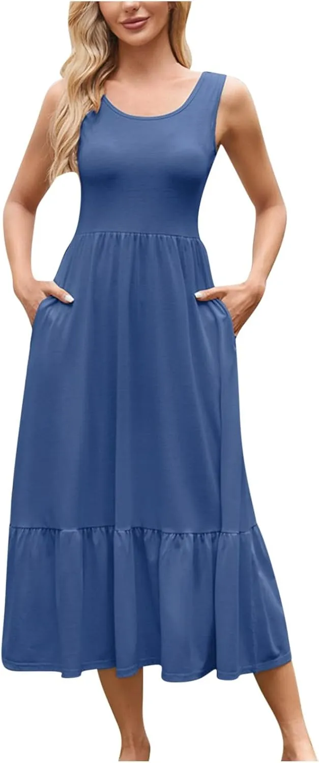 JOAU Womens Summer Casual Crew Neck A Line Mini Tank Dress Flowy Sleeveless Ruffle Hem Sundresses Beach Vacation Outfits