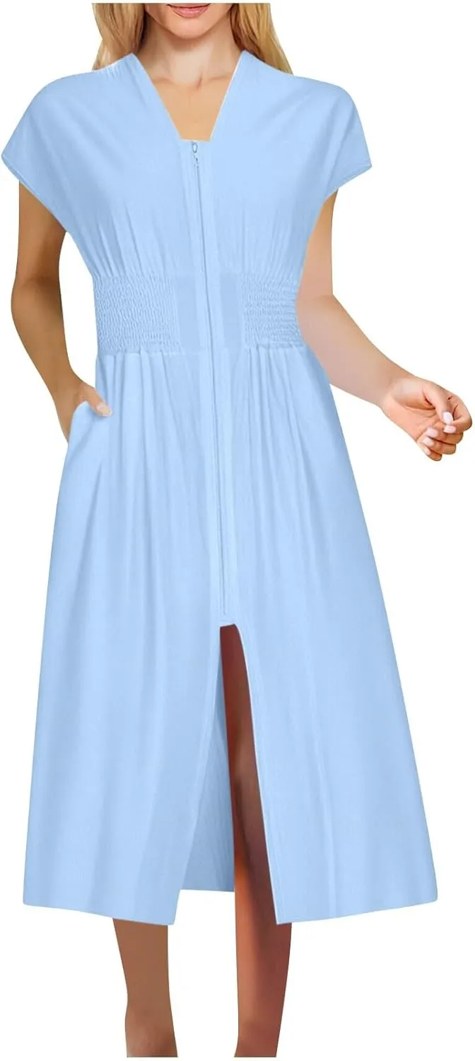 JOAU Womens Summer Casual V Neck Cap Sleeve Dress Smocked Elastic Waist Zipper Front Flowy Pleated Midi Dresses with Pockets