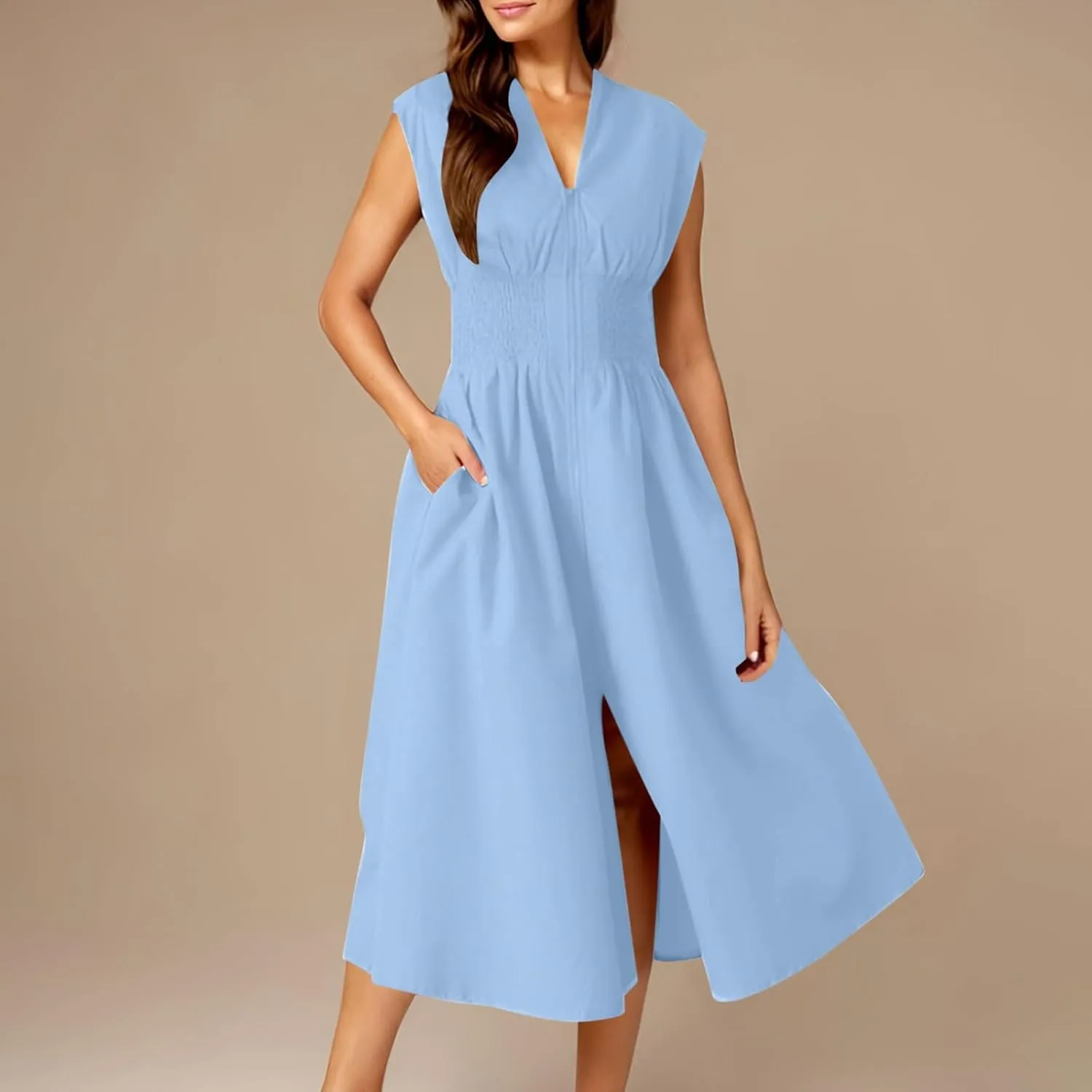JOAU Womens Summer Casual V Neck Cap Sleeve Dress Smocked Elastic Waist Zipper Front Flowy Pleated Midi Dresses with Pockets
