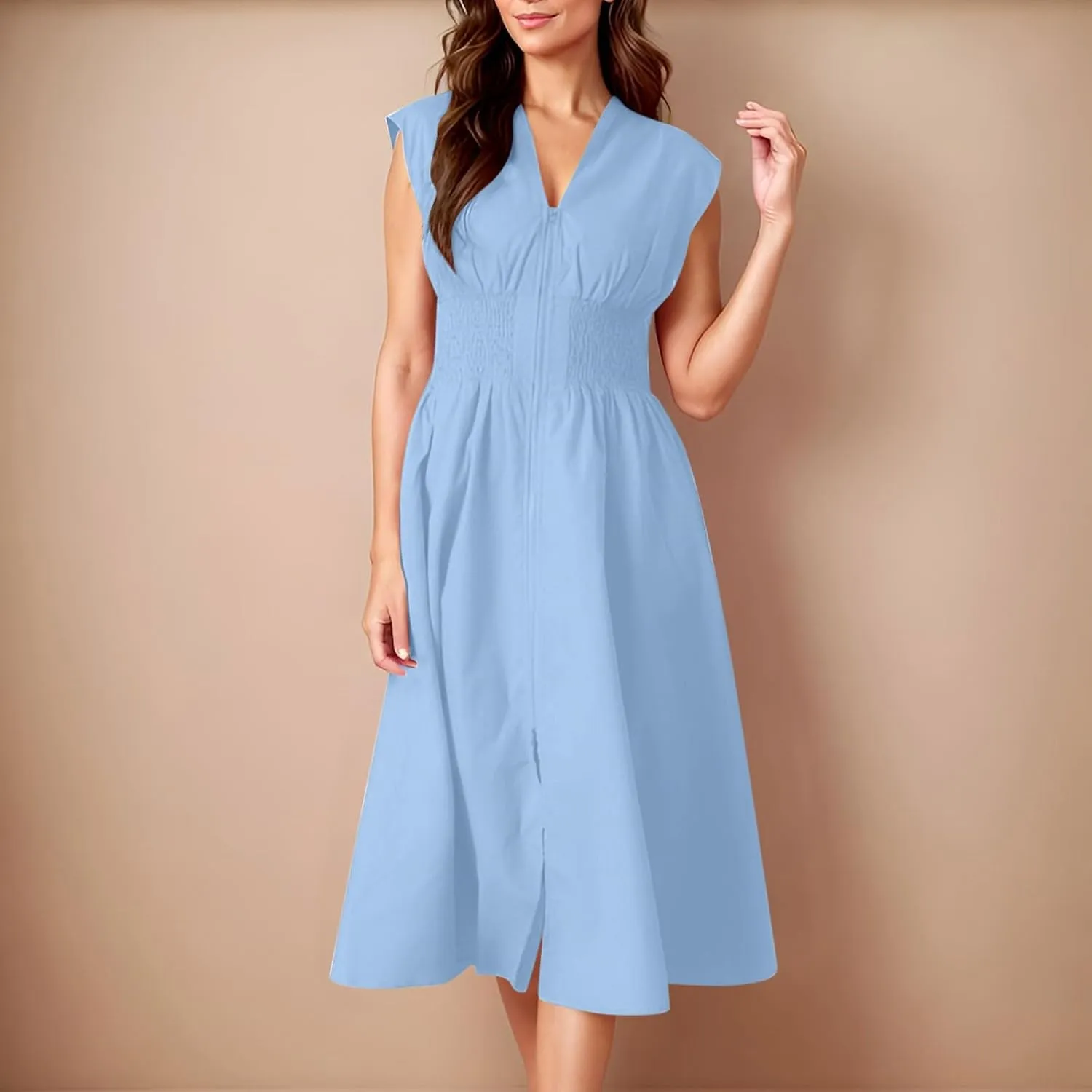 JOAU Womens Summer Casual V Neck Cap Sleeve Dress Smocked Elastic Waist Zipper Front Flowy Pleated Midi Dresses with Pockets