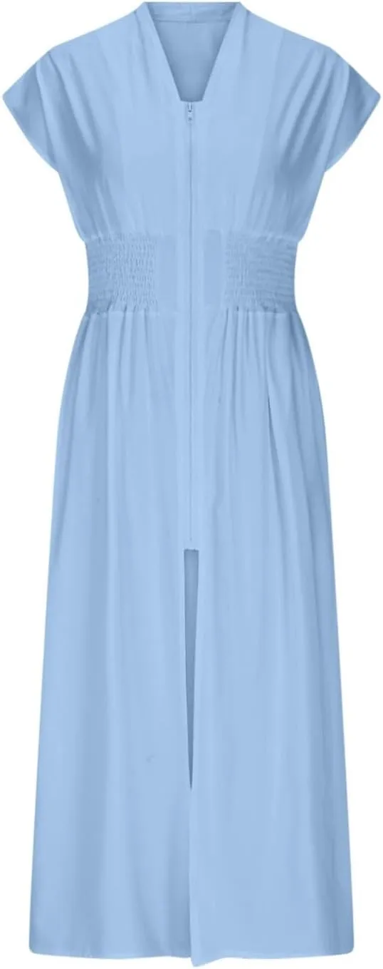 JOAU Womens Summer Casual V Neck Cap Sleeve Dress Smocked Elastic Waist Zipper Front Flowy Pleated Midi Dresses with Pockets