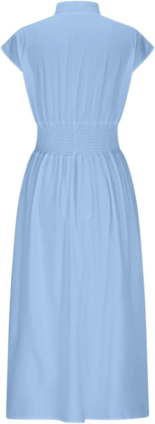 JOAU Womens Summer Casual V Neck Cap Sleeve Dress Smocked Elastic Waist Zipper Front Flowy Pleated Midi Dresses with Pockets
