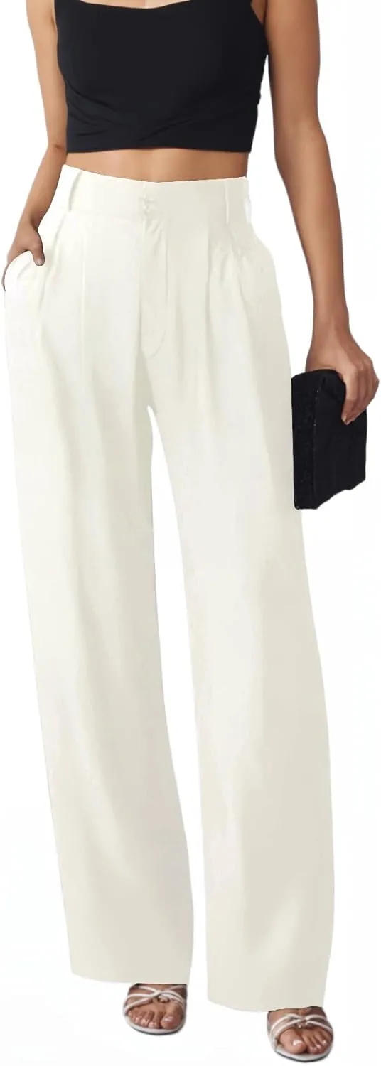 keriffe Wide Leg Casual Work Pants High Elastic Waisted Business Dress Trousers Loose Fit Office Slacks Pockets