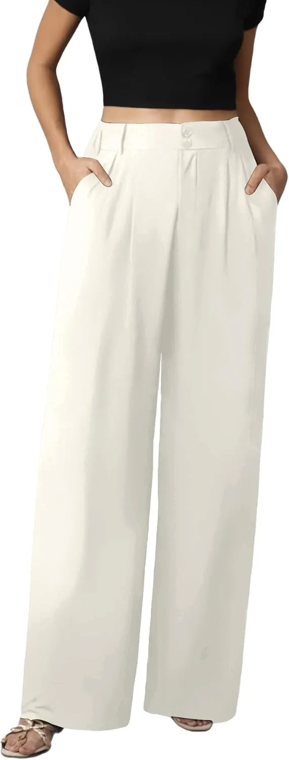 keriffe Wide Leg Casual Work Pants High Elastic Waisted Business Dress Trousers Loose Fit Office Slacks Pockets