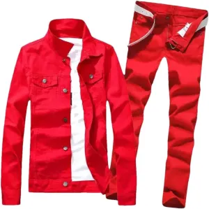 keusyoi Spring Mens Denim Jacket Jeans Pants Set Fashion Single Breasted Coat Trousers Two Piece Denim Suit