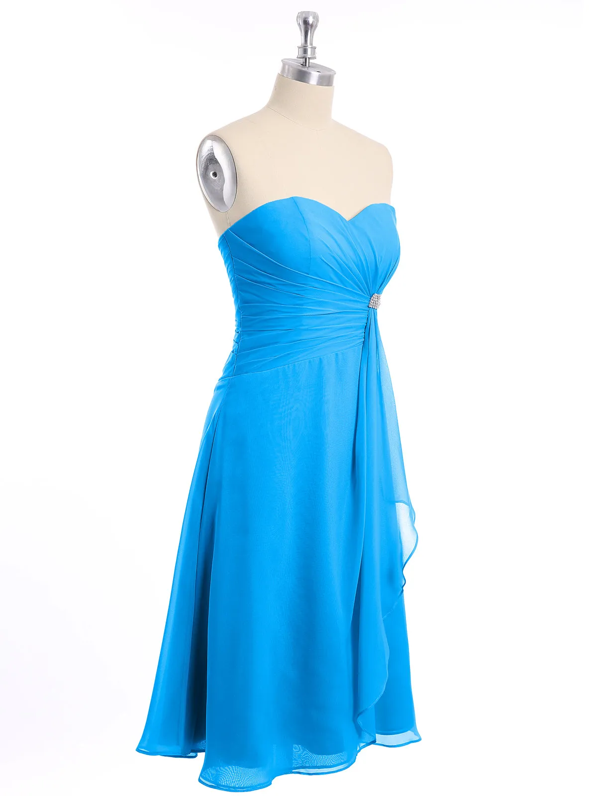 Knee Length Chiffon Dress with Sweetheart Neck-Ocean Blue