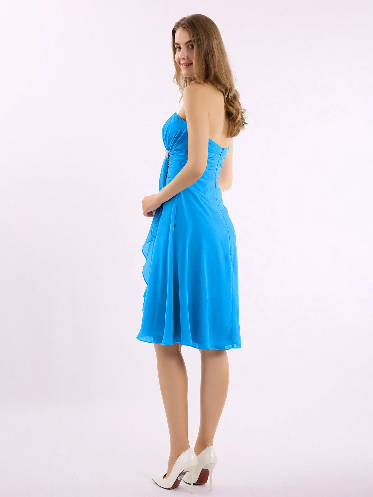 Knee Length Chiffon Dress with Sweetheart Neck-Ocean Blue