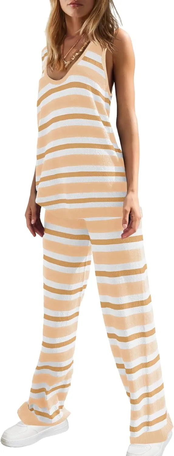 LAMISSCHE Womens Loungewear Set Oversized 2 Piece Outfits Striped Sweater Set Tank Top and Wide Leg Pants