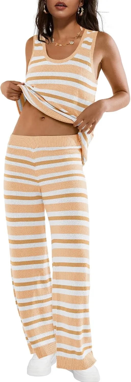 LAMISSCHE Womens Loungewear Set Oversized 2 Piece Outfits Striped Sweater Set Tank Top and Wide Leg Pants