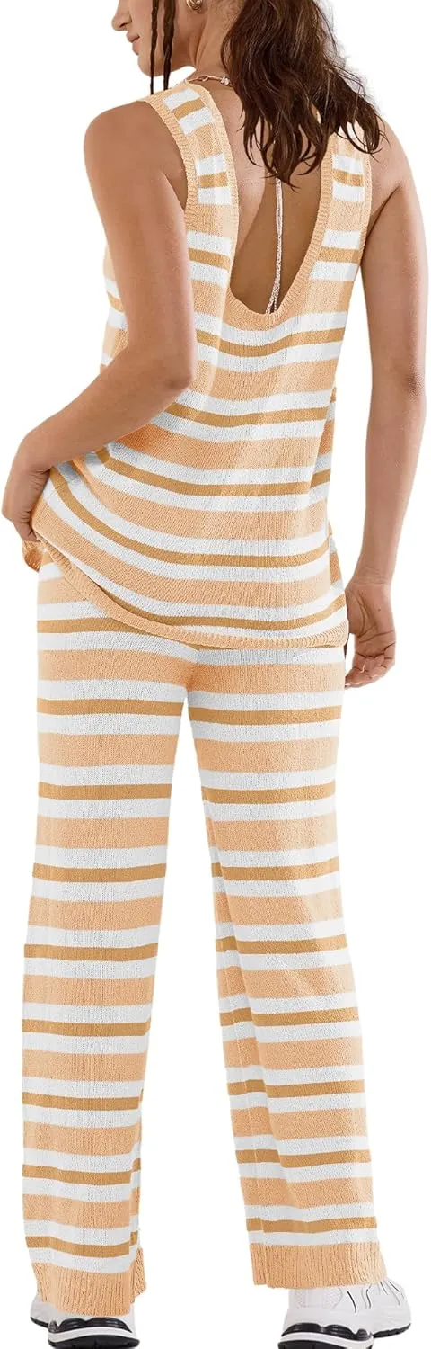 LAMISSCHE Womens Loungewear Set Oversized 2 Piece Outfits Striped Sweater Set Tank Top and Wide Leg Pants