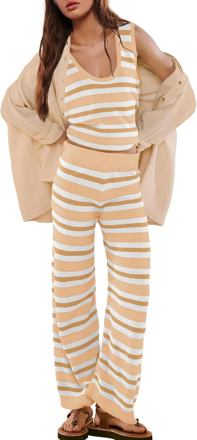 LAMISSCHE Womens Loungewear Set Oversized 2 Piece Outfits Striped Sweater Set Tank Top and Wide Leg Pants