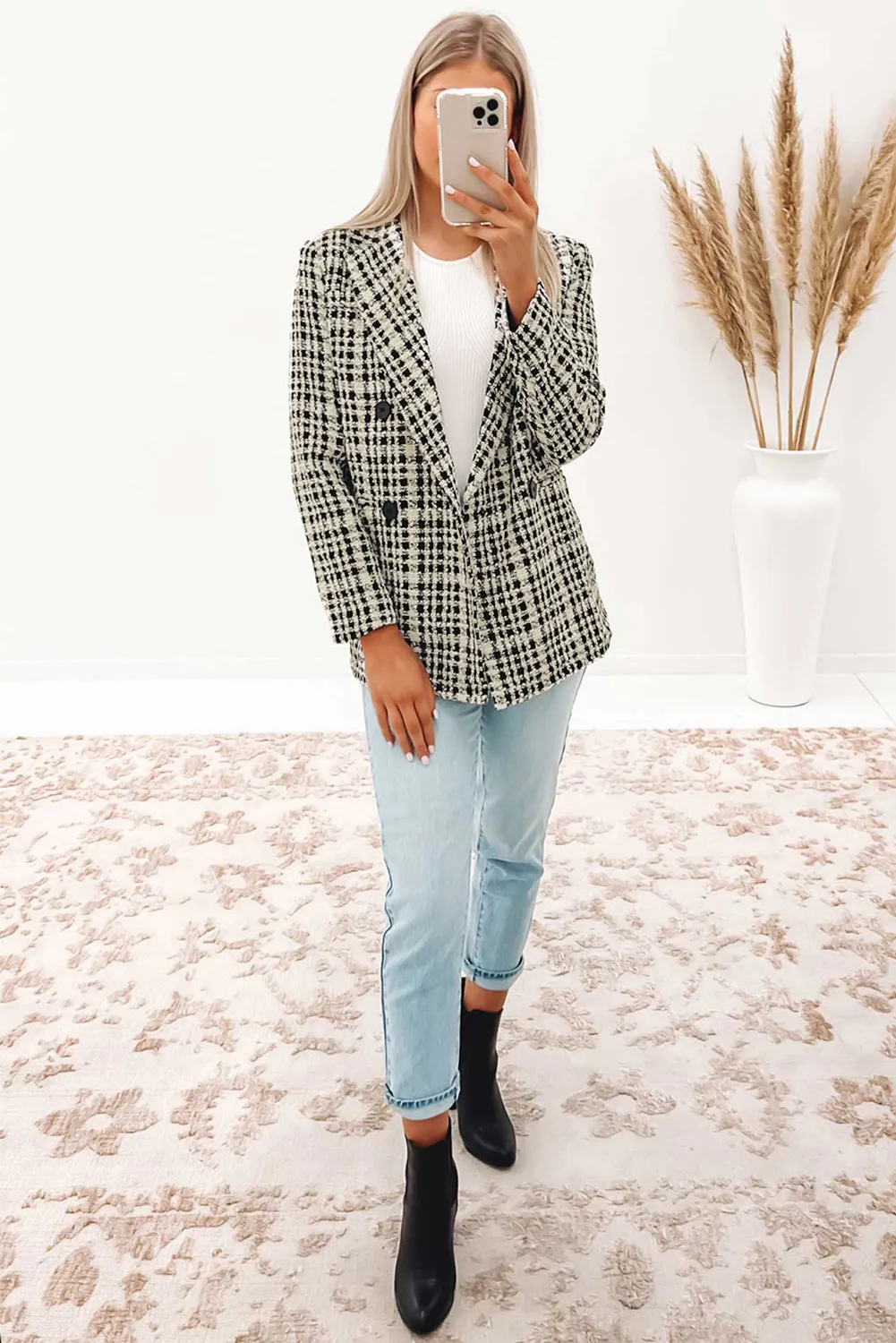 Lapel Collar Buttoned Gingham Tweed Blazer