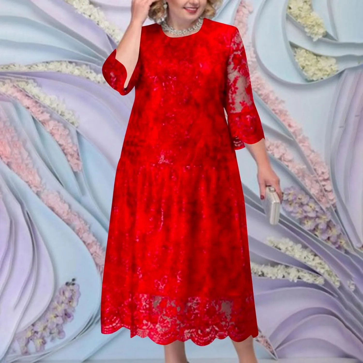 Lmdudan 2025 Plus Size Women Elegant Floral lace Midi Dress Lace Chiffon Wedding Guest Dresses Formal 3/4 Sleeve Dresses