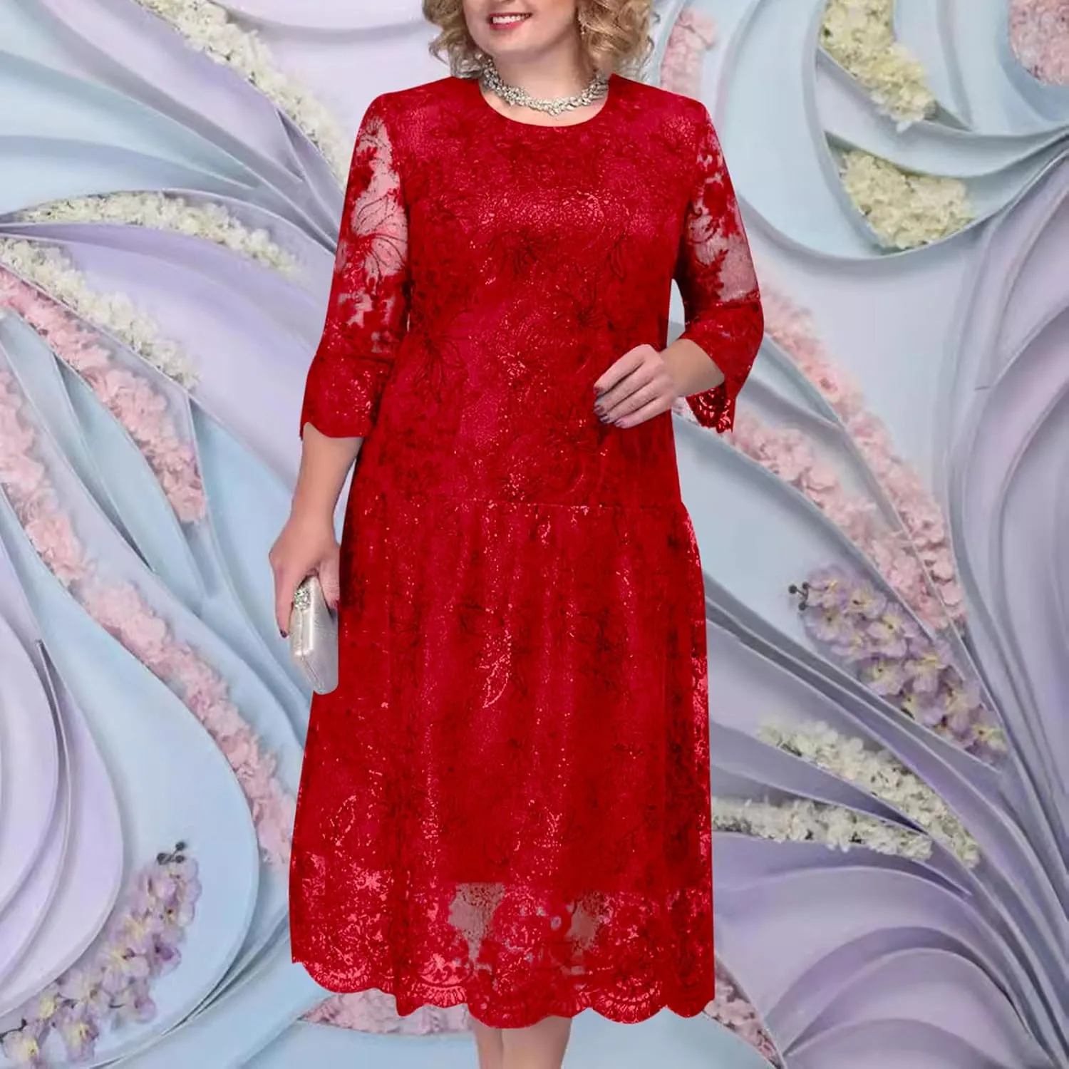 Lmdudan 2025 Plus Size Women Elegant Floral lace Midi Dress Lace Chiffon Wedding Guest Dresses Formal 3/4 Sleeve Dresses