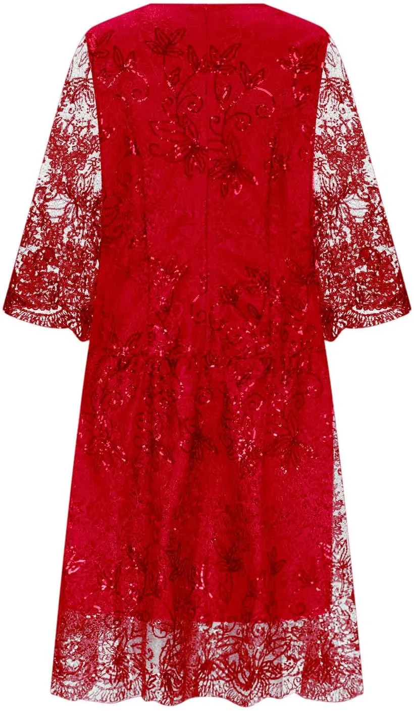 Lmdudan 2025 Plus Size Women Elegant Floral lace Midi Dress Lace Chiffon Wedding Guest Dresses Formal 3/4 Sleeve Dresses