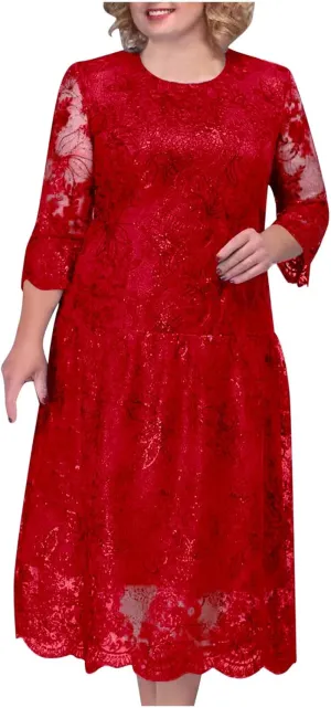 Lmdudan 2025 Plus Size Women Elegant Floral lace Midi Dress Lace Chiffon Wedding Guest Dresses Formal 3/4 Sleeve Dresses
