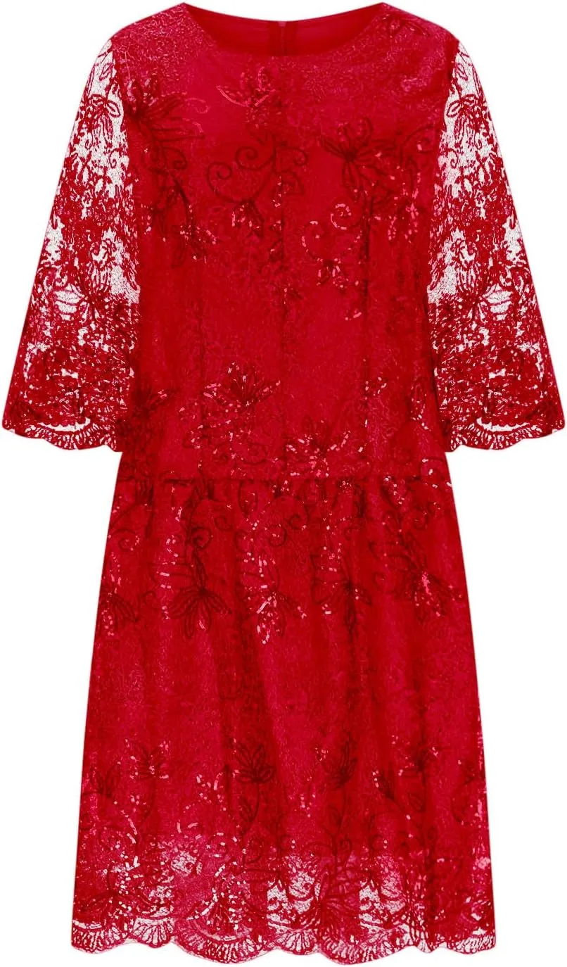 Lmdudan 2025 Plus Size Women Elegant Floral lace Midi Dress Lace Chiffon Wedding Guest Dresses Formal 3/4 Sleeve Dresses