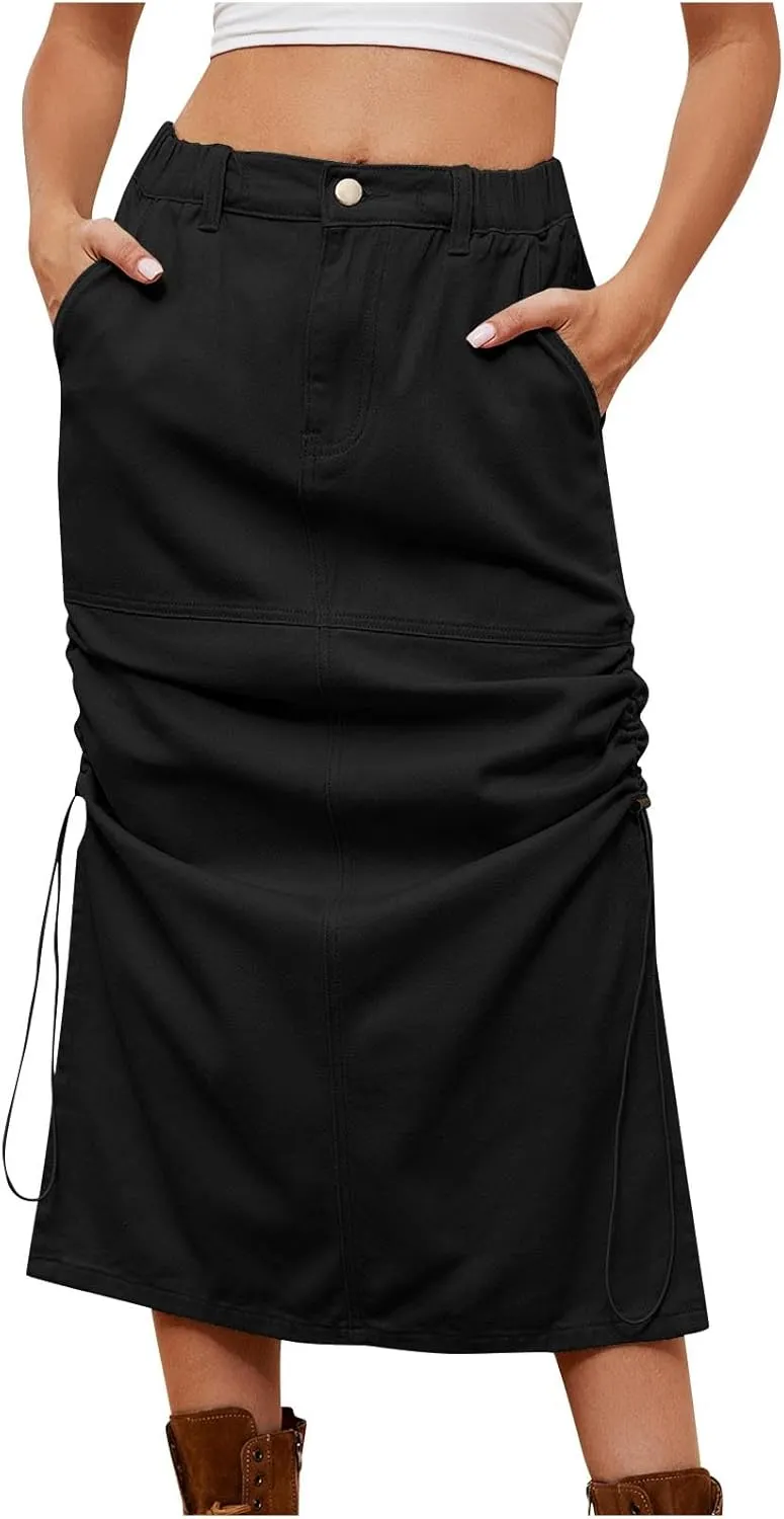 Long Denim Skirt for Women Casual A-Line Denim Maxi Skirt Stretch High Waisted Jean Skirt with Y2K Cargo Pocket