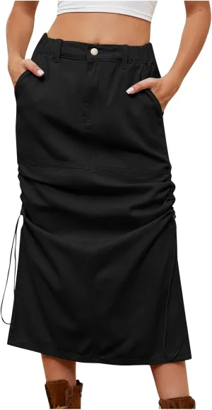 Long Denim Skirt for Women Casual A-Line Denim Maxi Skirt Stretch High Waisted Jean Skirt with Y2K Cargo Pocket