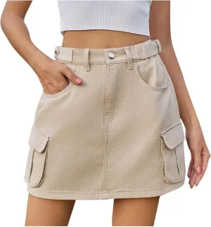 Low Waist Cargo Skirt Women Button Mini Cargo Denim Skirt with Pocket Mini Skirt Casual Distressed Denim Short Skirt