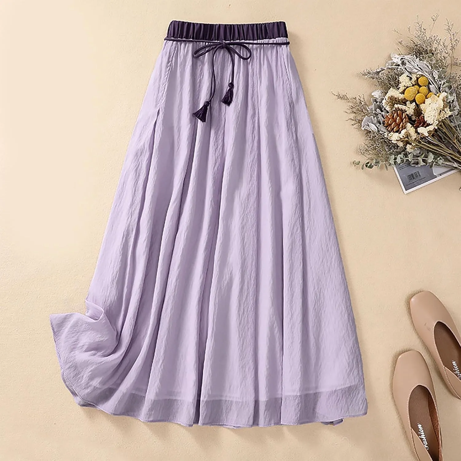 Lpmadey Women's Bohemian Style Elastic Waist Band Cotton Linen Long Maxi Skirt Dress 2024 Summer Solid A-Line Flared Skirts