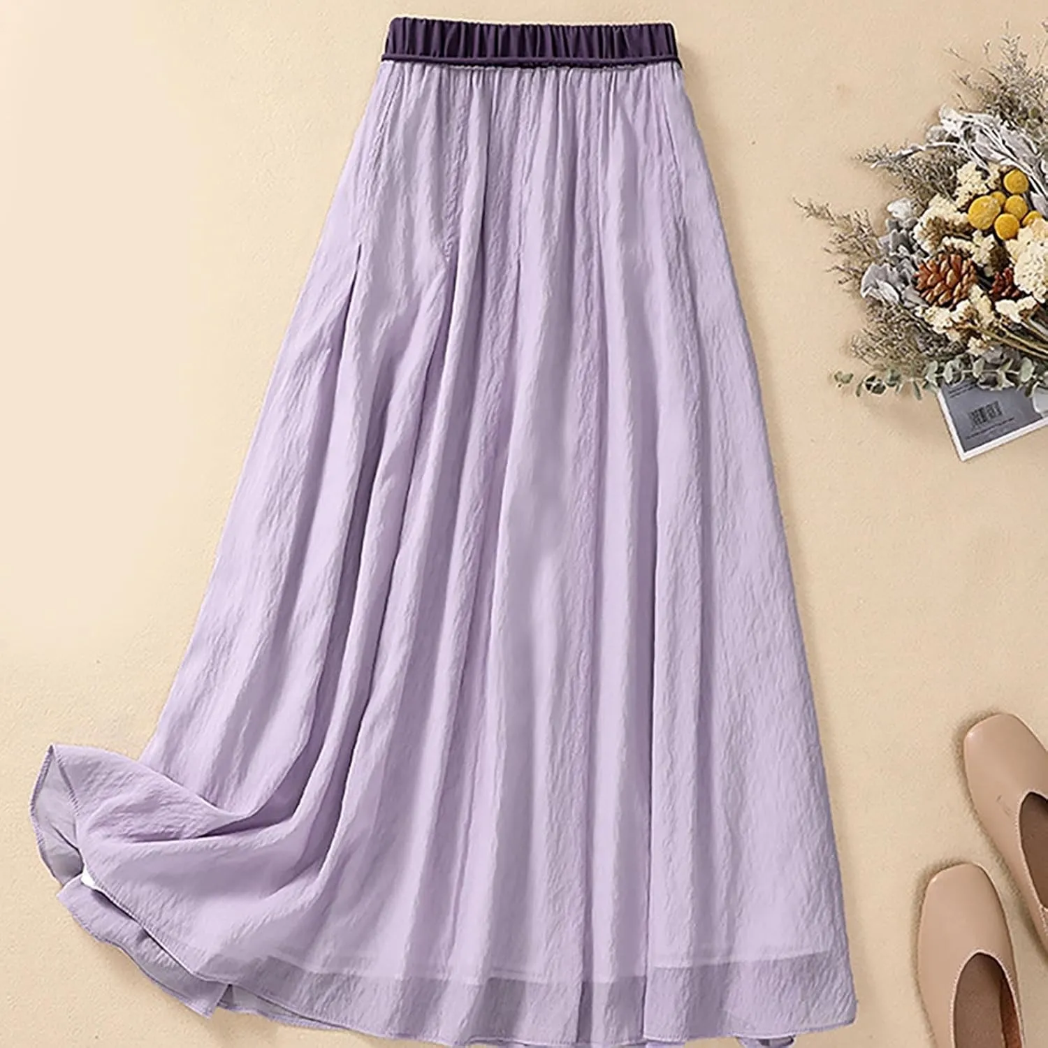Lpmadey Women's Bohemian Style Elastic Waist Band Cotton Linen Long Maxi Skirt Dress 2024 Summer Solid A-Line Flared Skirts
