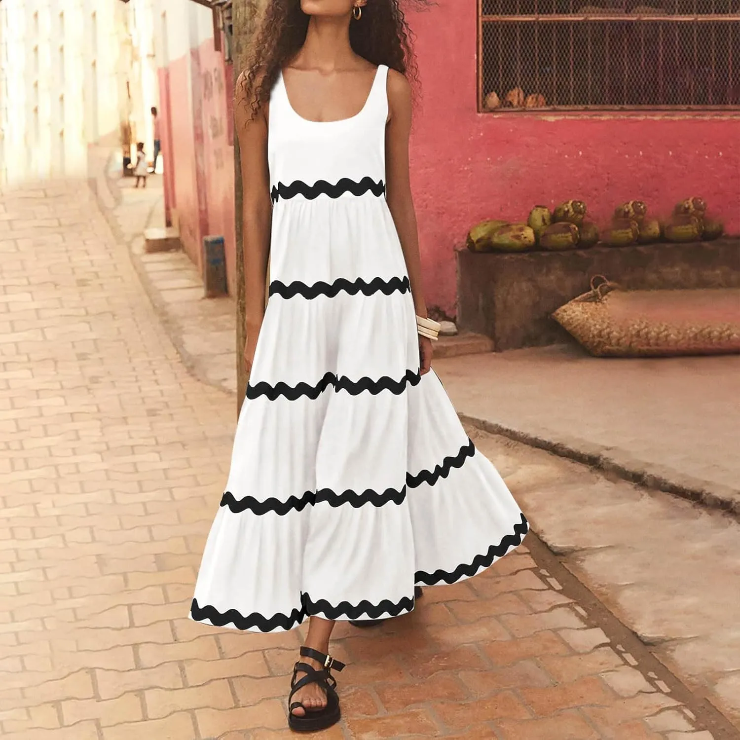 Lpmadey Women's Casual Loose Striped Sundress Flowy Long Dress Sleeveless U-Neck Pleated Maxi Dresses Summer Beach Dress