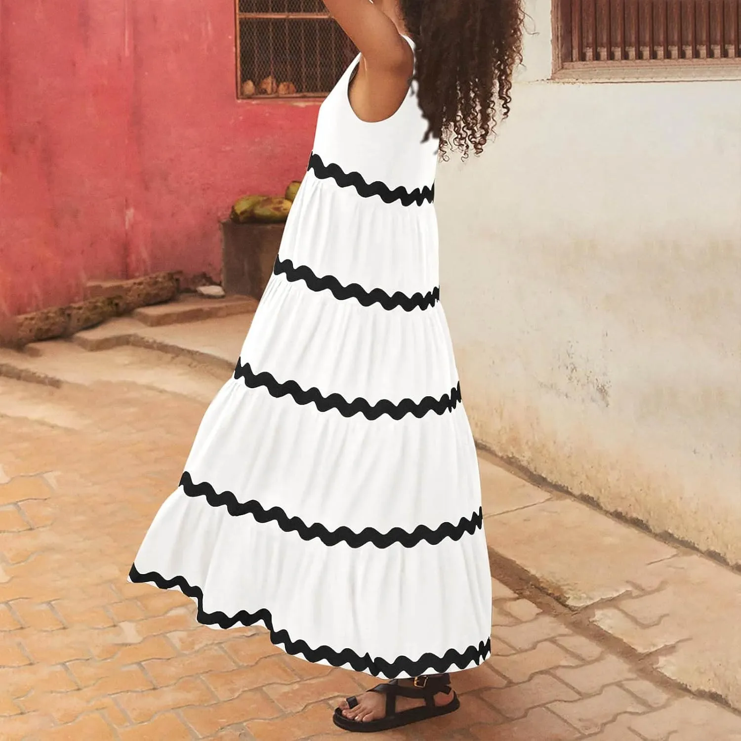 Lpmadey Women's Casual Loose Striped Sundress Flowy Long Dress Sleeveless U-Neck Pleated Maxi Dresses Summer Beach Dress