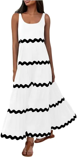 Lpmadey Women's Casual Loose Striped Sundress Flowy Long Dress Sleeveless U-Neck Pleated Maxi Dresses Summer Beach Dress