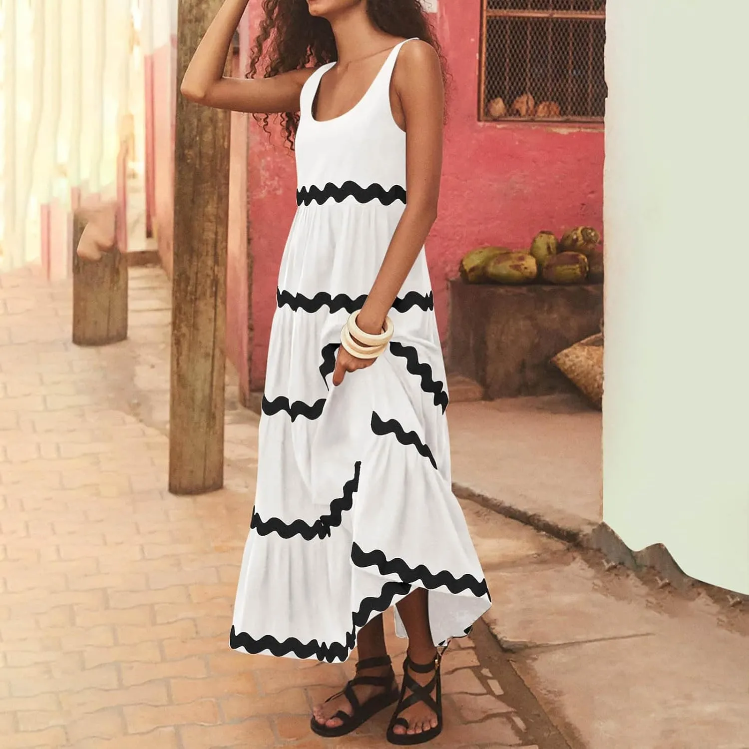 Lpmadey Women's Casual Loose Striped Sundress Flowy Long Dress Sleeveless U-Neck Pleated Maxi Dresses Summer Beach Dress