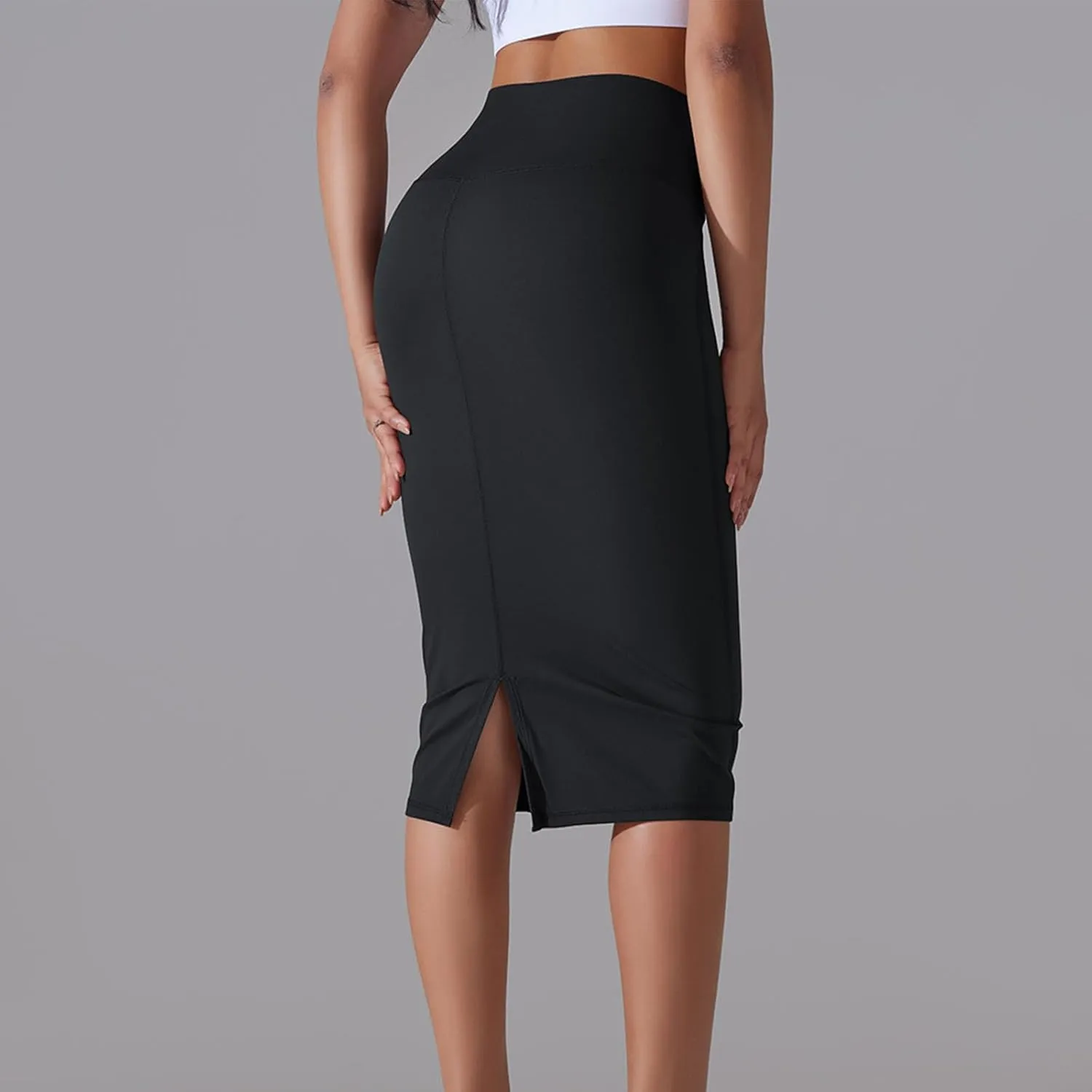 Lpmadey Womens Elegant Knee Length Elastic Waist Stretchy Bodycon Business Pencil Skirt Basic Stretch Pencil Midi Skirt