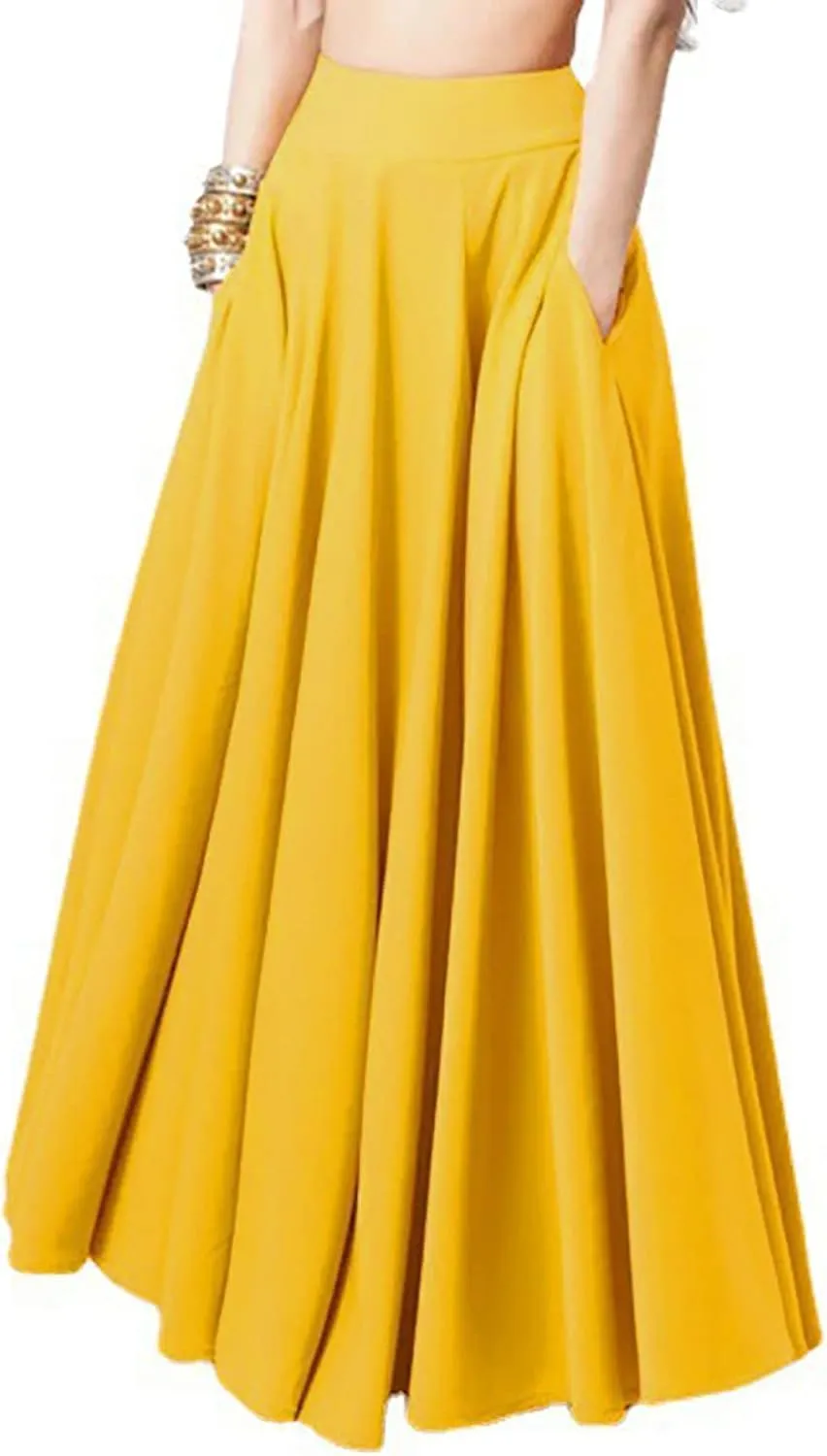 Lpmadey Women's Summer Boho Elastic Waist Pleated A-Line Flowy Swing Tiered Long Beach Skirt Dress with Pockets 2024 New
