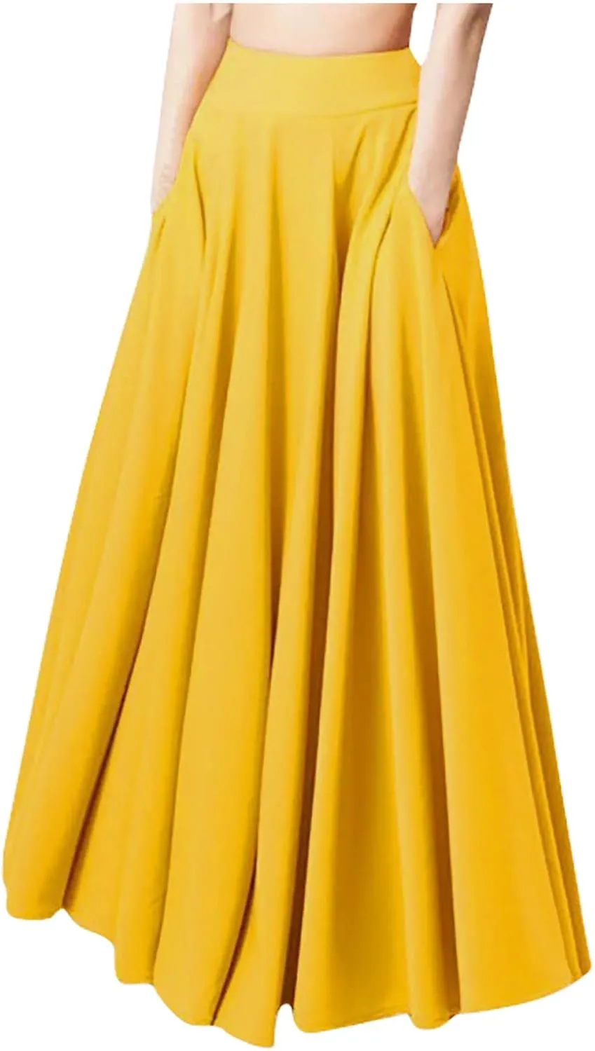 Lpmadey Women's Summer Boho Elastic Waist Pleated A-Line Flowy Swing Tiered Long Beach Skirt Dress with Pockets 2024 New