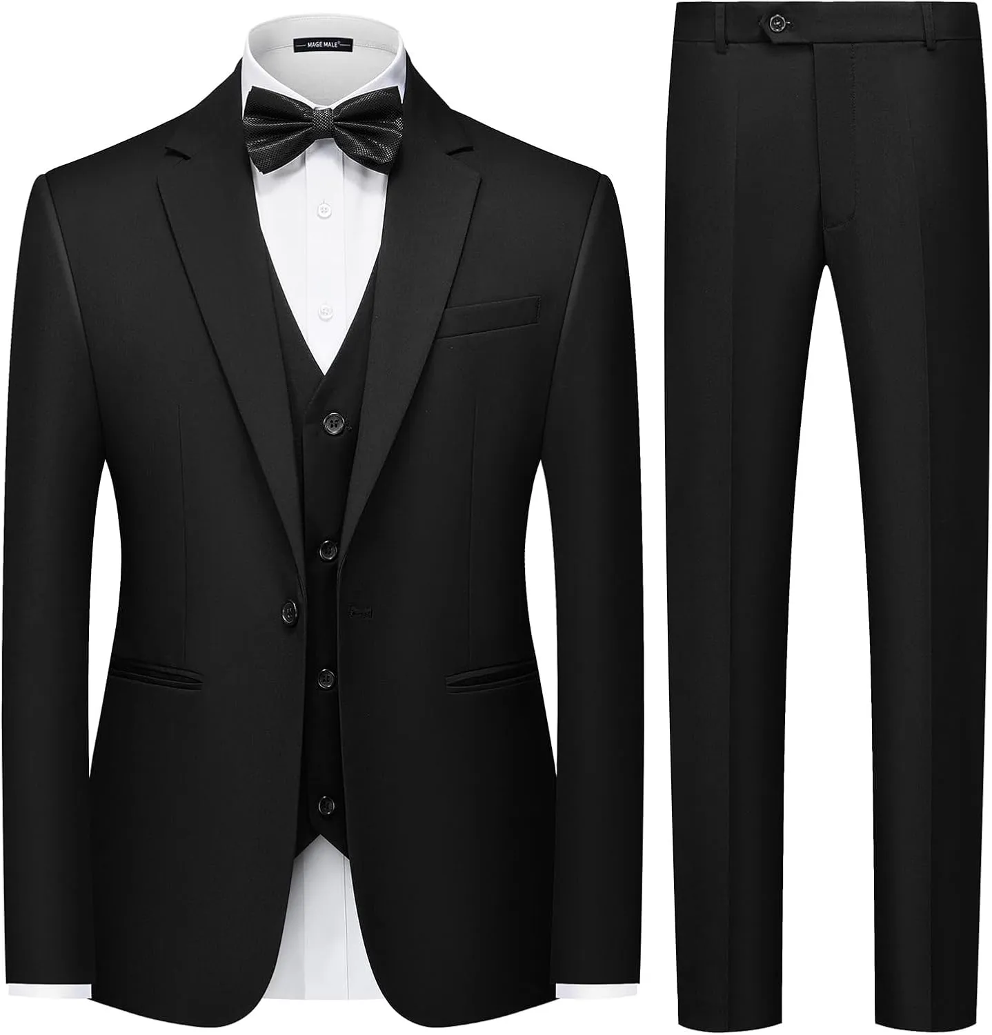 MAGE MALE Men's 3 Pieces Solid One Button Suit Elegant Slim Fit Single Breasted Party Tuxedo Blazer Vest Pants Set