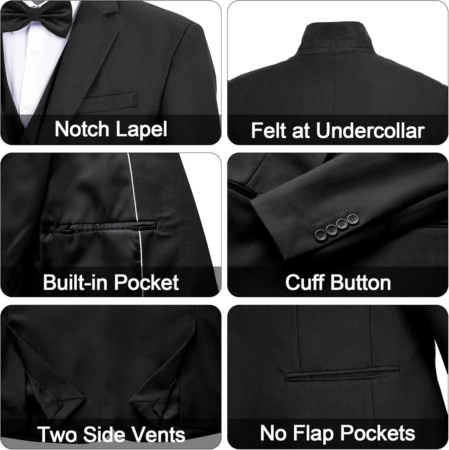 MAGE MALE Men's 3 Pieces Solid One Button Suit Elegant Slim Fit Single Breasted Party Tuxedo Blazer Vest Pants Set