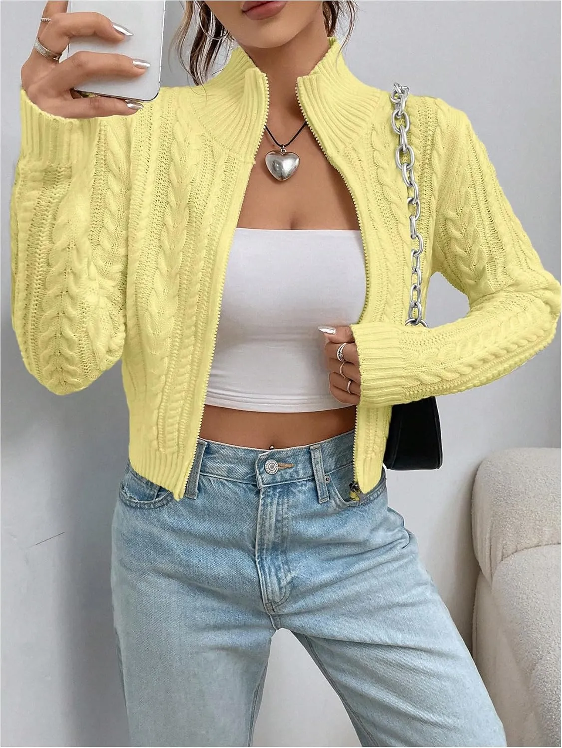 MakeMeChic Women's Cable Knit Mock Neck Zipper Crop Top Long Sleeve Lightweight Cardigan Sweater