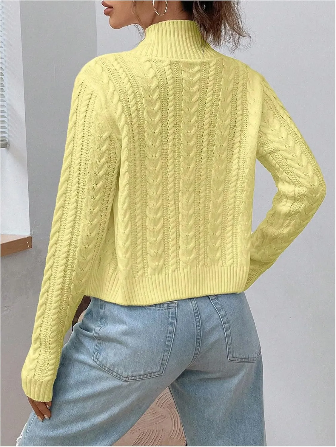MakeMeChic Women's Cable Knit Mock Neck Zipper Crop Top Long Sleeve Lightweight Cardigan Sweater