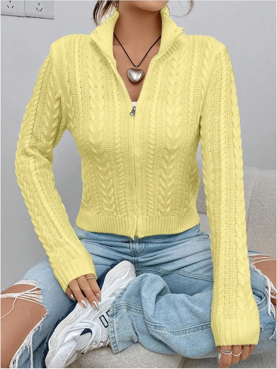 MakeMeChic Women's Cable Knit Mock Neck Zipper Crop Top Long Sleeve Lightweight Cardigan Sweater