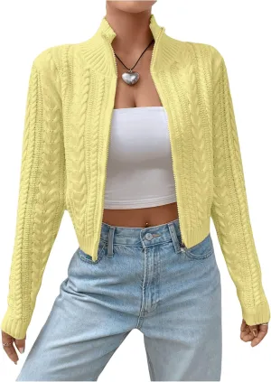 MakeMeChic Women's Cable Knit Mock Neck Zipper Crop Top Long Sleeve Lightweight Cardigan Sweater