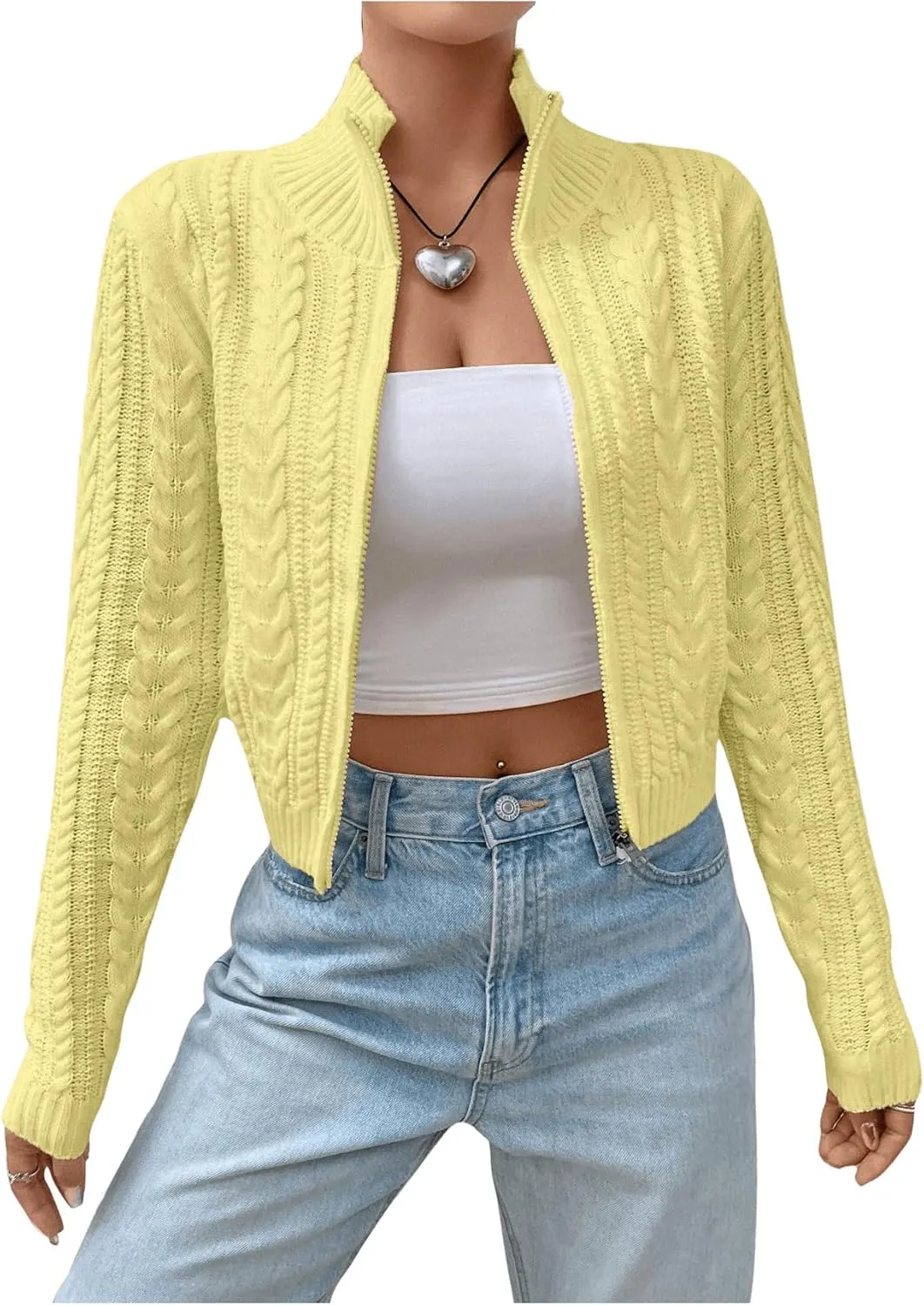 MakeMeChic Women's Cable Knit Mock Neck Zipper Crop Top Long Sleeve Lightweight Cardigan Sweater