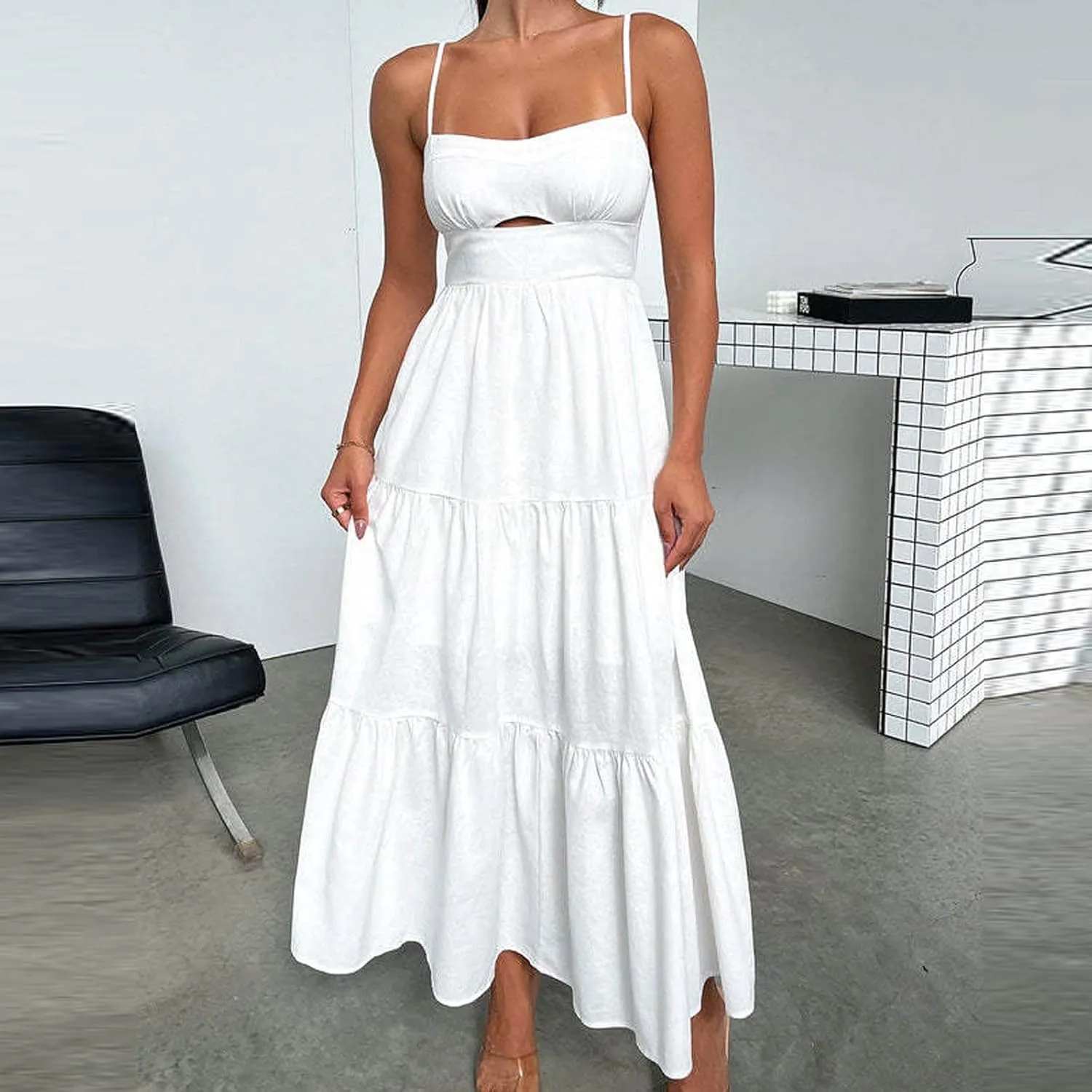 Maxi Dresses for Women Front Cutout Straps Elegant Wrap Dress Square Neck Sleeveless Flowy Ruffle Tiered Sun Dress