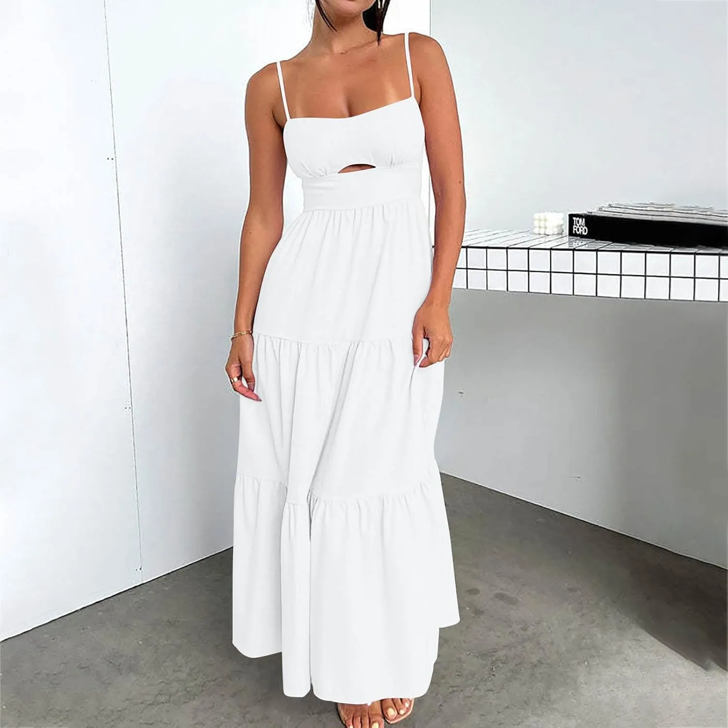 Maxi Dresses for Women Front Cutout Straps Elegant Wrap Dress Square Neck Sleeveless Flowy Ruffle Tiered Sun Dress