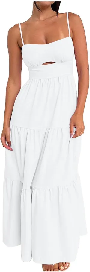 Maxi Dresses for Women Front Cutout Straps Elegant Wrap Dress Square Neck Sleeveless Flowy Ruffle Tiered Sun Dress