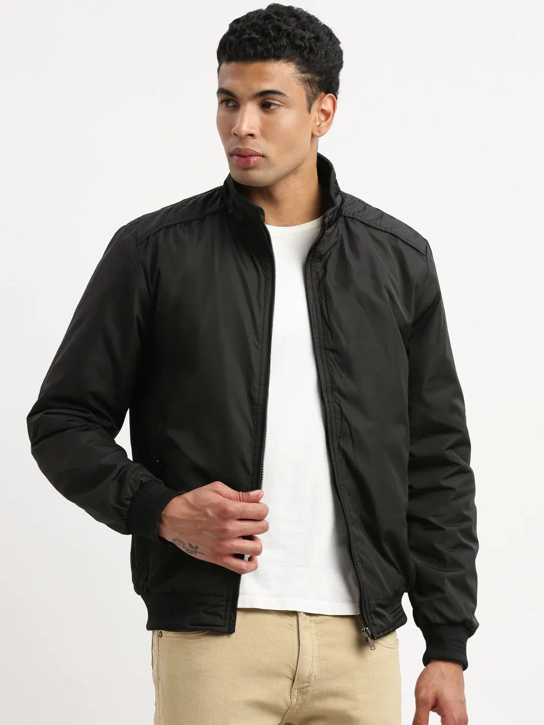 Men Black Mock Collar Solid Bomber Jacket