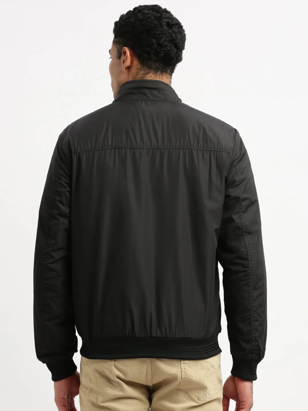 Men Black Mock Collar Solid Bomber Jacket