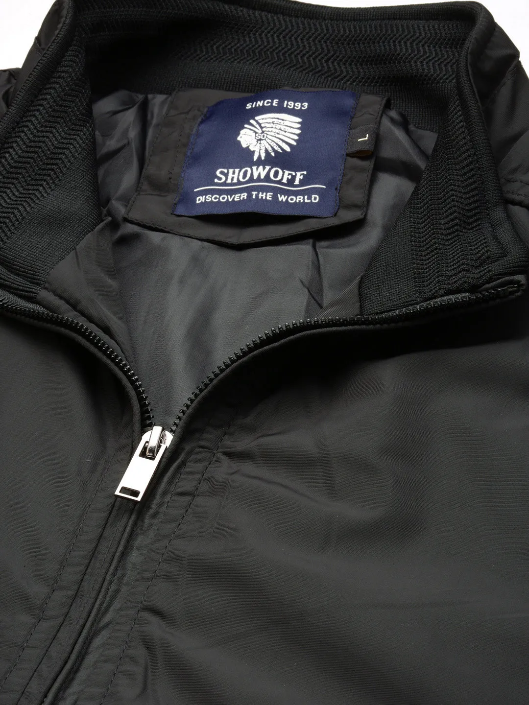 Men Black Mock Collar Solid Bomber Jacket